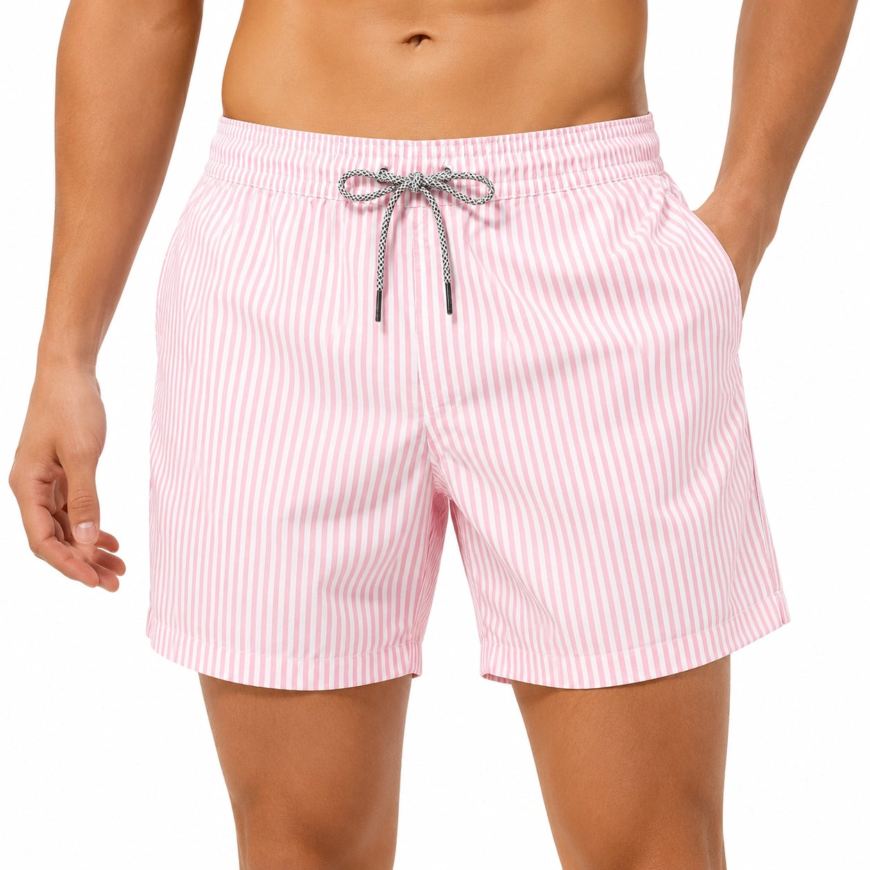 Herren Badeshorts Größe L aus Textilgewebe Rosa Weiß gestreift mit Kordelzug