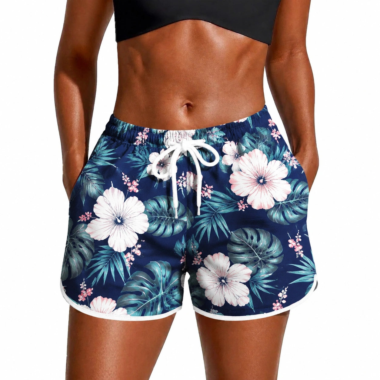 Damen Badeshorts L aus Textil in Dunkelblau mit Blumenmuster und Kordelzug