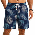 Herren Badeshorts XL aus leichtem Gewebe in Dunkelblau mit Blätterdruck und Kordelzug