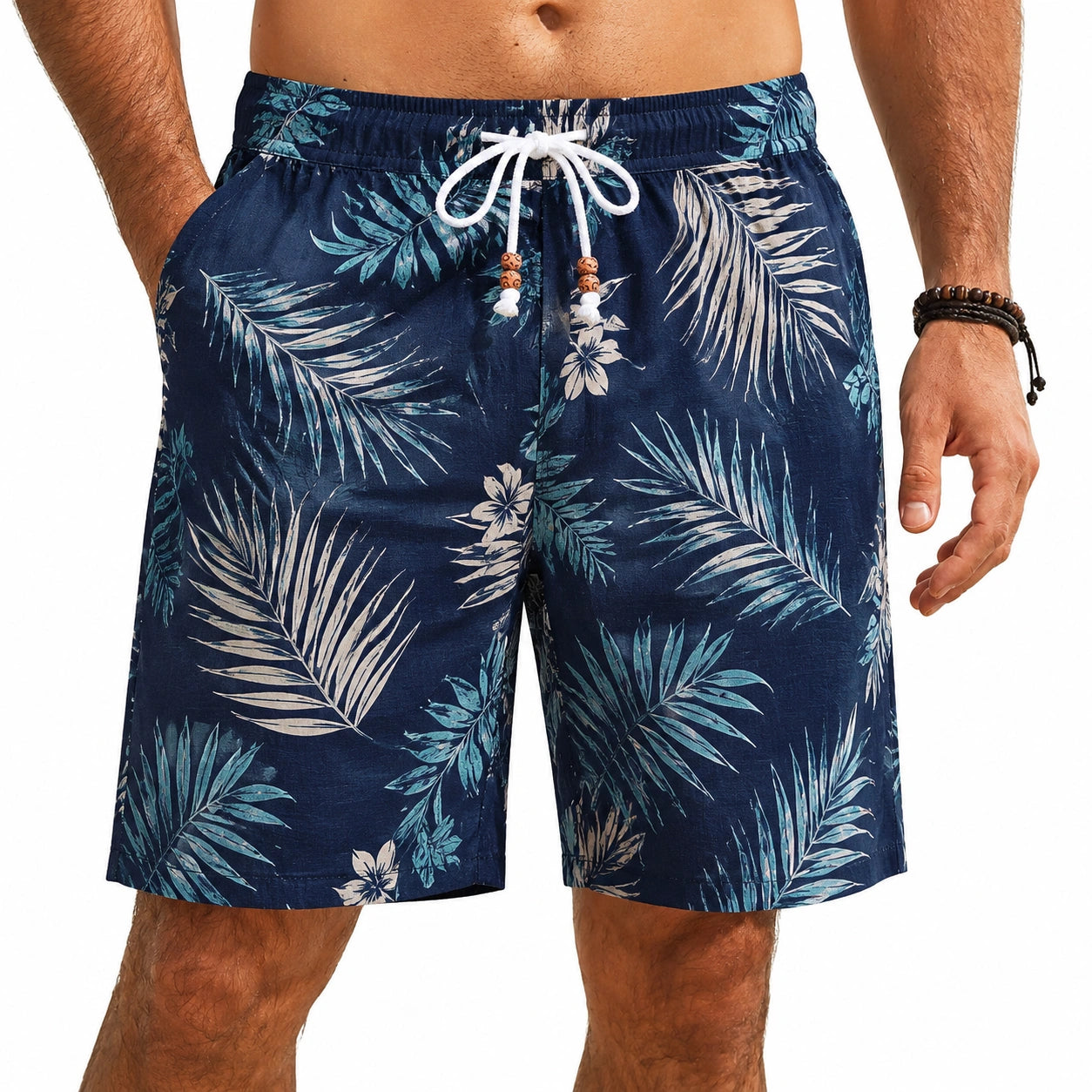 Herren Badeshorts XL aus leichtem Gewebe in Dunkelblau mit Blätterdruck und Kordelzug