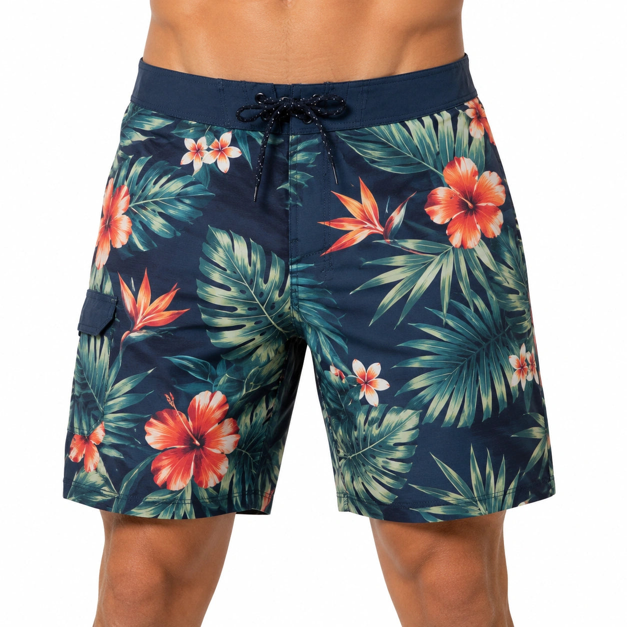 Herren Badeshorts Größe M mit tropischem Blumenmuster in Dunkelblau für Strand und Schwimmen
