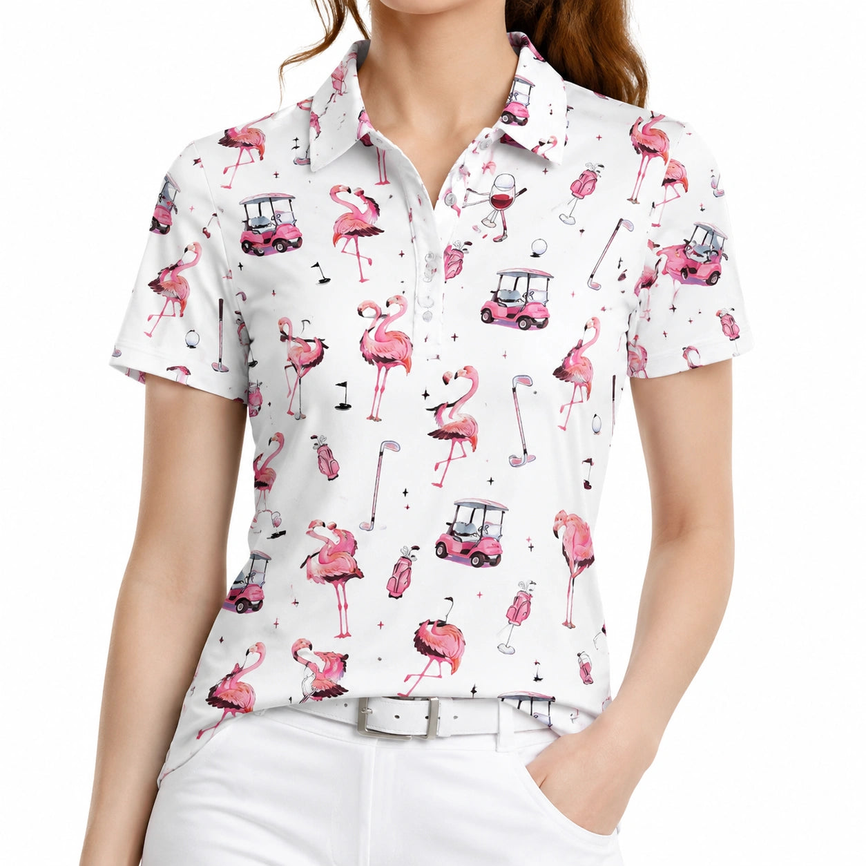Damen Poloshirt Größe M Weiß mit rosa Flamingo Golfdruck Kurzarm