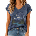 Damen T-Shirt Größe S Blau mit V-Ausschnitt und Bergmotiv