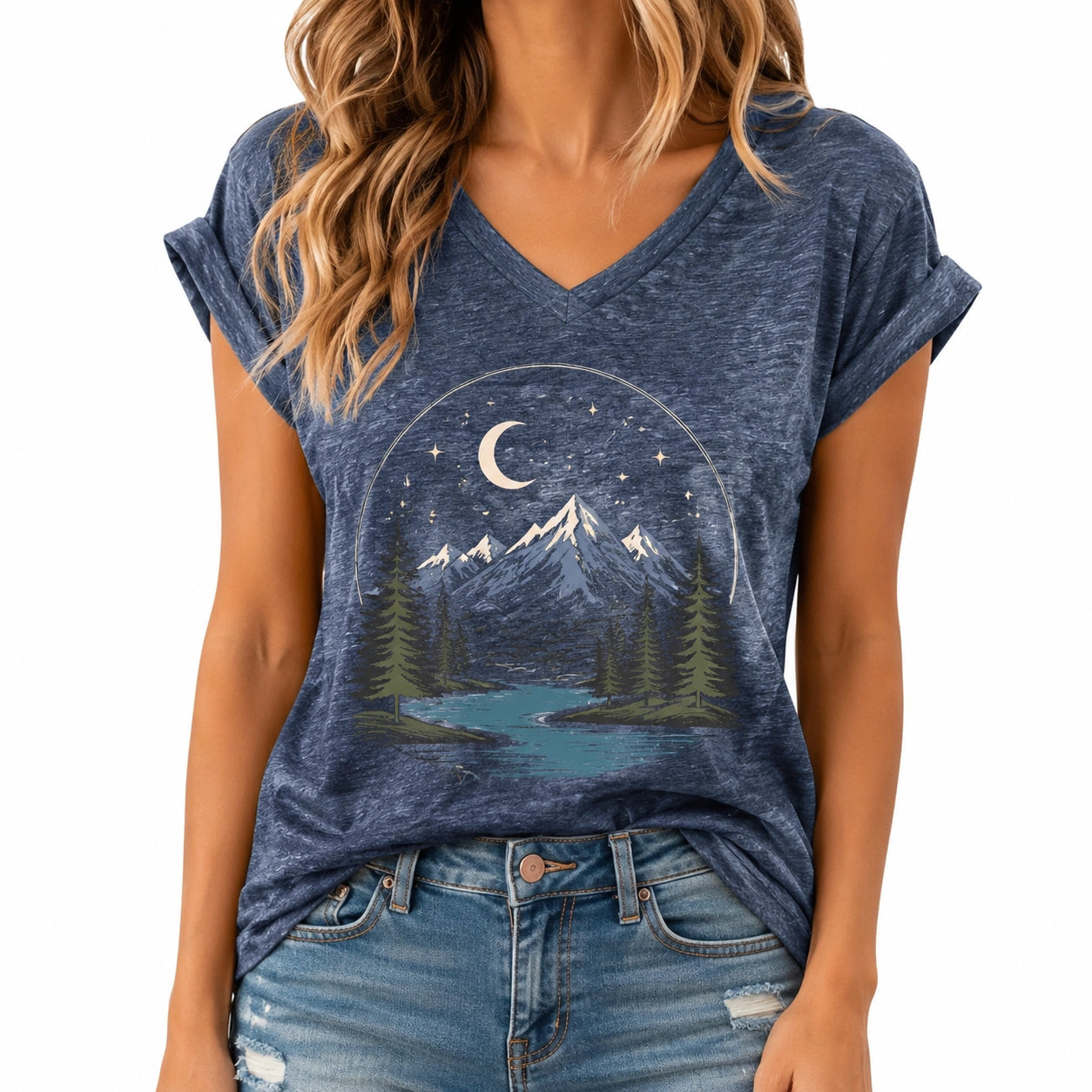 Damen T-Shirt Größe S Blau mit V-Ausschnitt und Bergmotiv