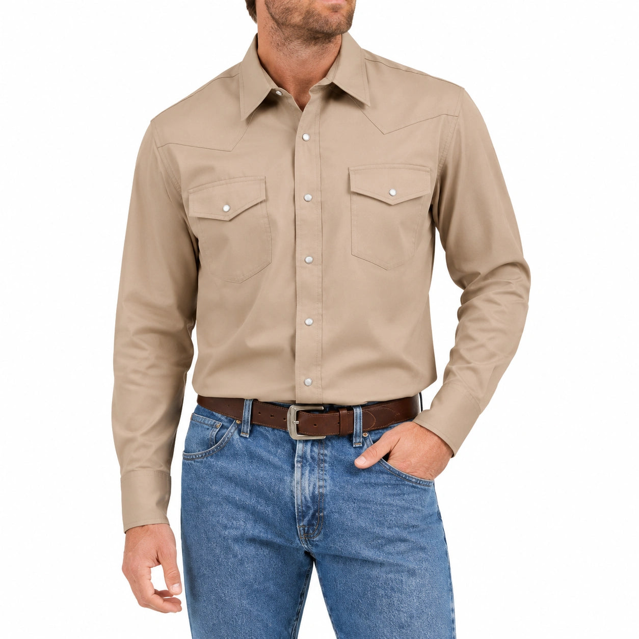 Herrenhemd Größe L aus Textilgewebe in Beige mit Druckknöpfen im Westernstil