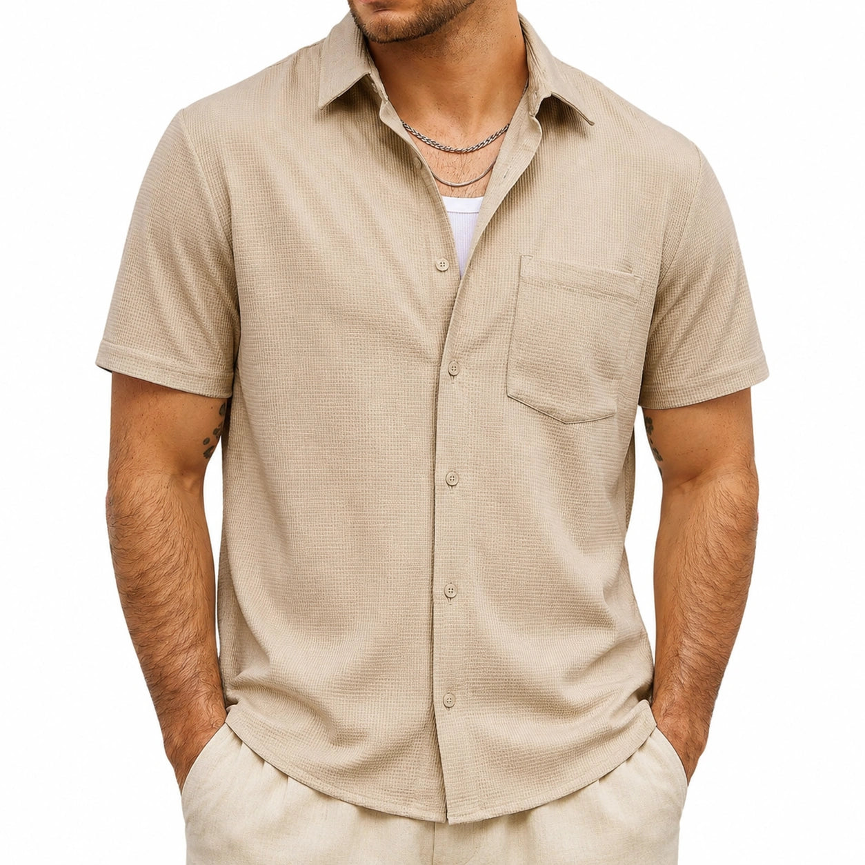 Herren Kurzarmhemd Größe L Beige Strukturstoff Freizeit