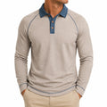 Herren Poloshirt M aus Textil Beige Blau langarm mit Kontrastkragen