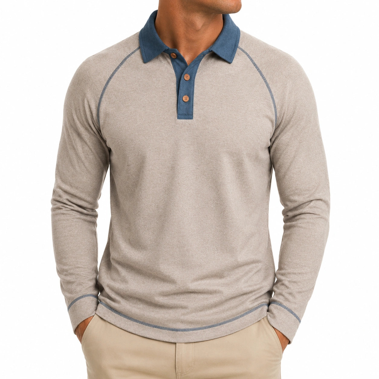 Herren Poloshirt M aus Textil Beige Blau langarm mit Kontrastkragen