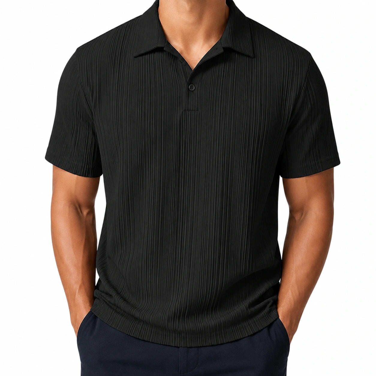 Herren Poloshirt Größe L Schwarz mit Plissee-Struktur und Kurzarm