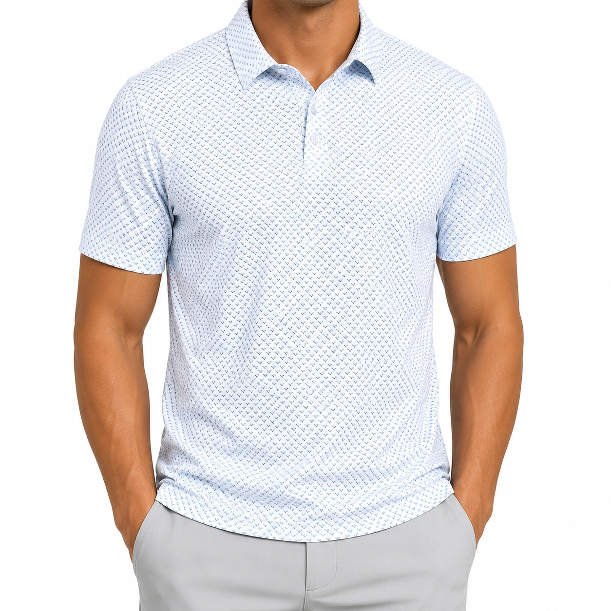 Herren Poloshirt Größe L Hellblau Weiß mit Allovermuster Kurzarm