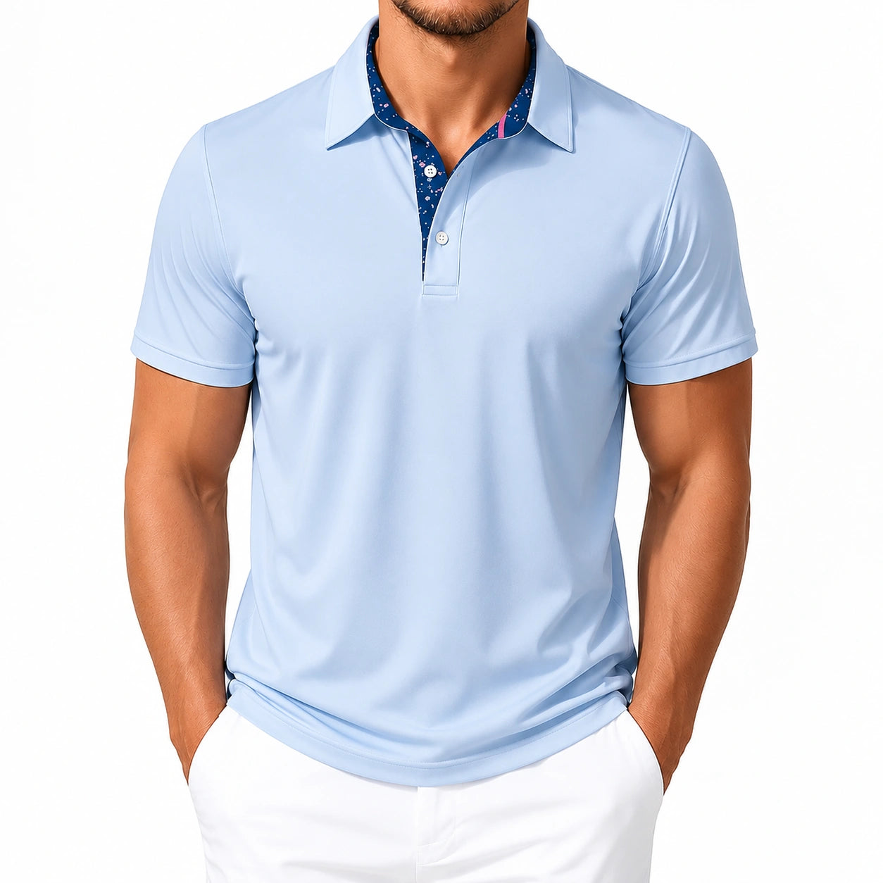 Herren Poloshirt XL Hellblau Kurzarm mit gemustertem Kragen