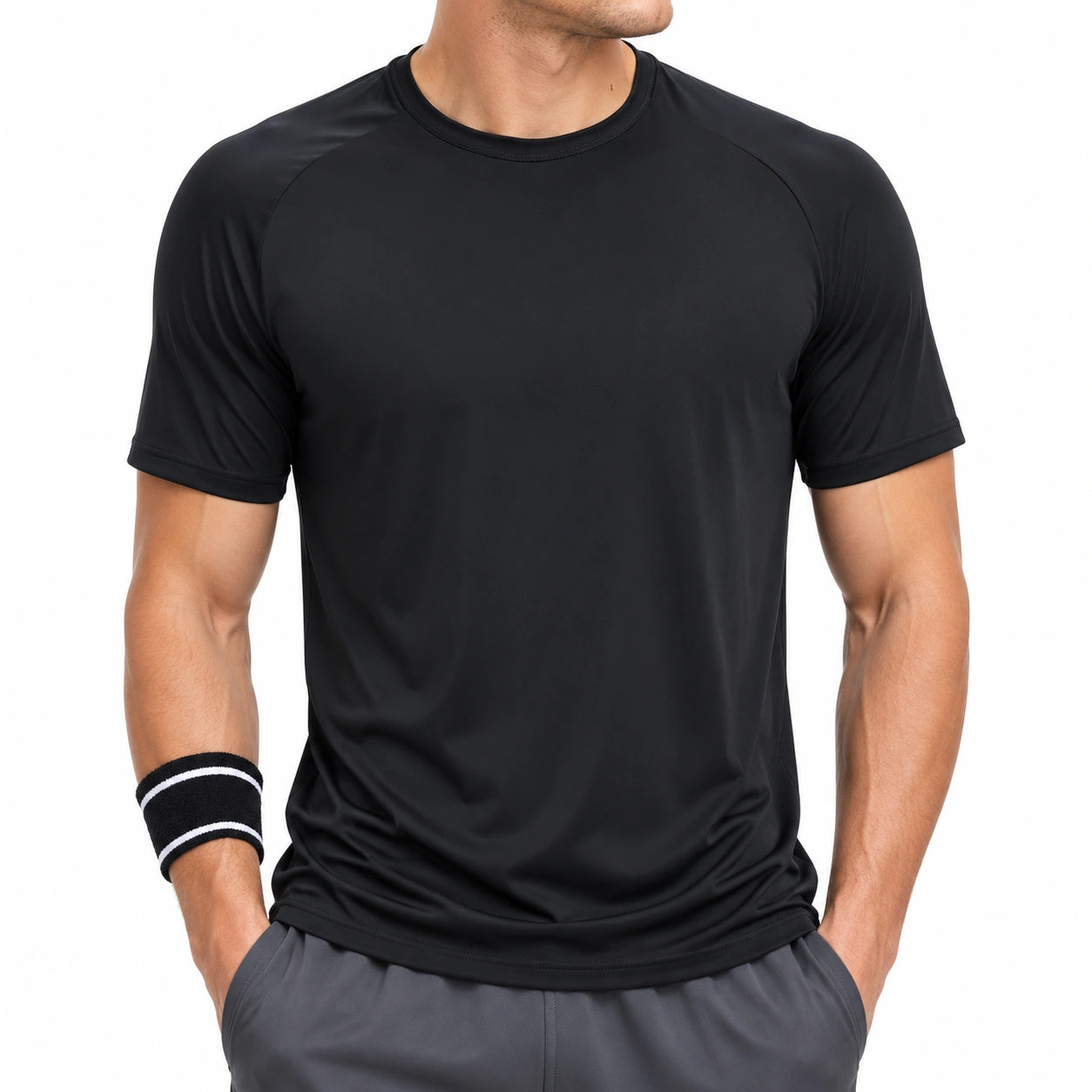 Herren Sport T-Shirt Größe L Schwarz aus synthetischem Funktionsgewebe mit Rundhals Kurzarm