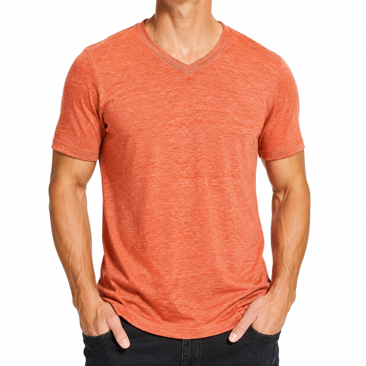 Herren T-Shirt L orange meliert mit V-Ausschnitt Kurzarm