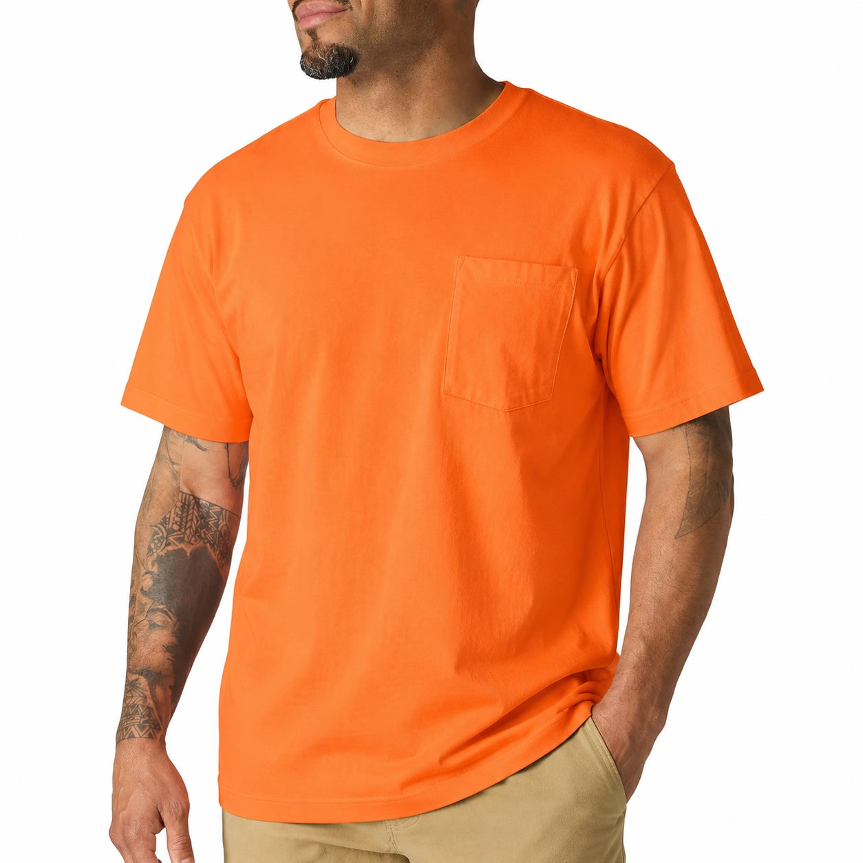 Herren T-Shirt M Orange Kurzarm mit Brusttasche