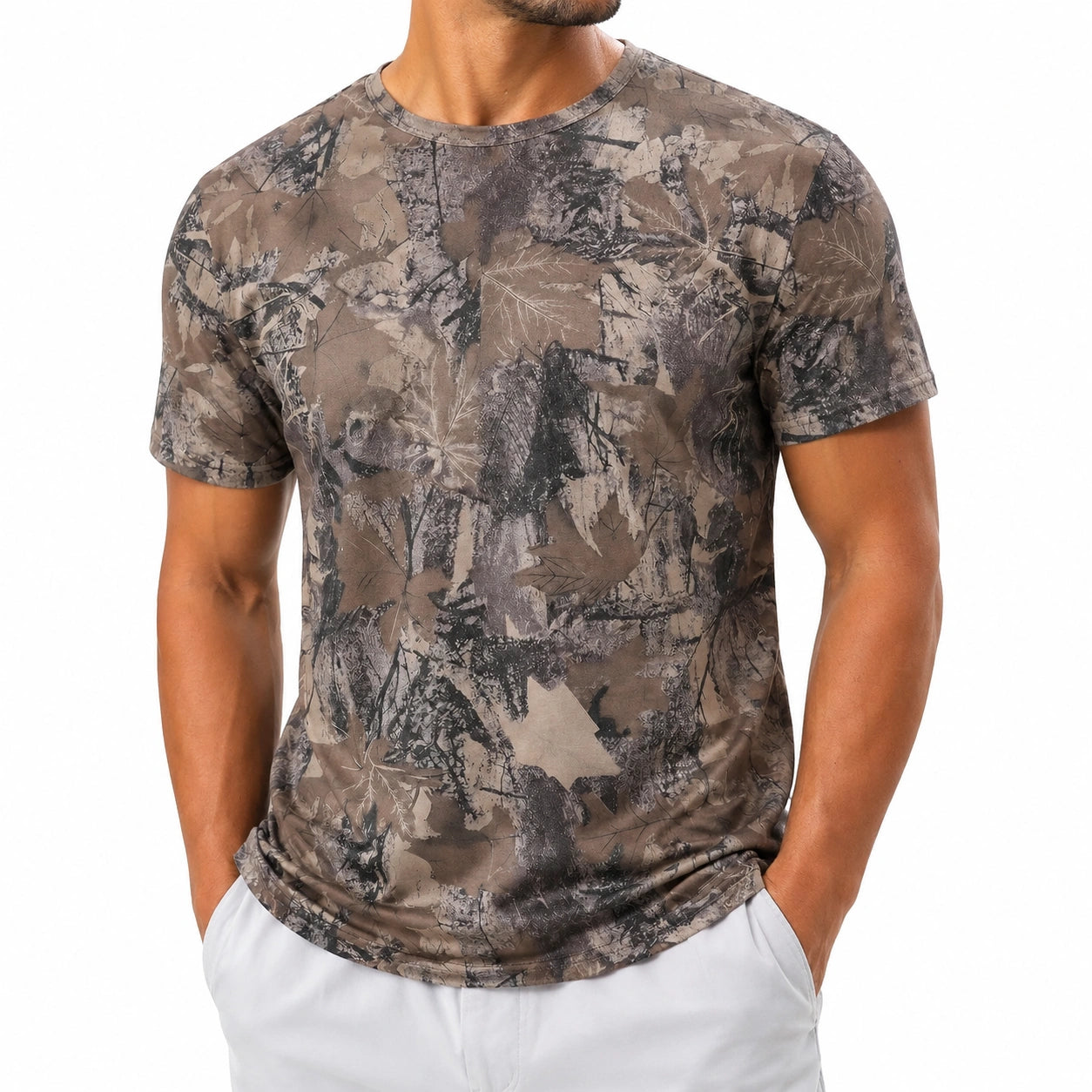Herren T-Shirt XL Braun Grau Blattmuster Rundhals Kurzarm