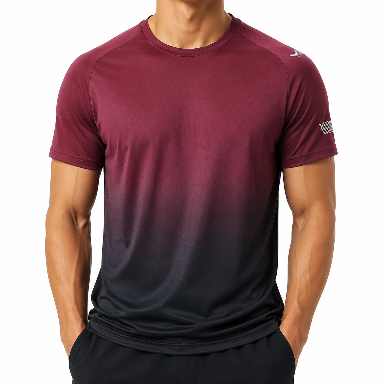 Herren Sport T-Shirt Größe M aus Kunstfaser Bordeaux Schwarz mit Farbverlauf
